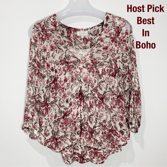 Lucky Brand Long Sleeve Blouse Cold Shoulder Sheer Overlay Floral V Neck - Picture 1 of 9